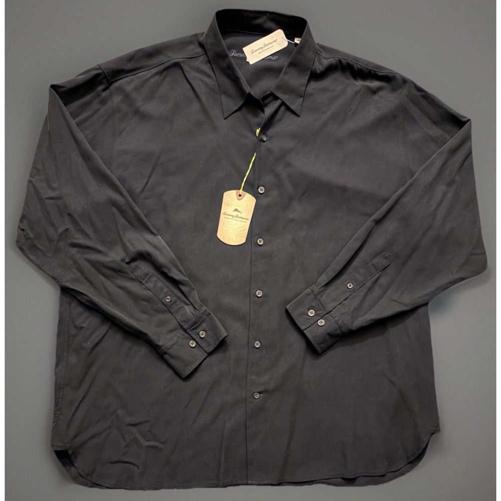 New Tommy Bahama Carneros Long Sleeve Button Up Shirt Silk Wool Black XXL JBHS